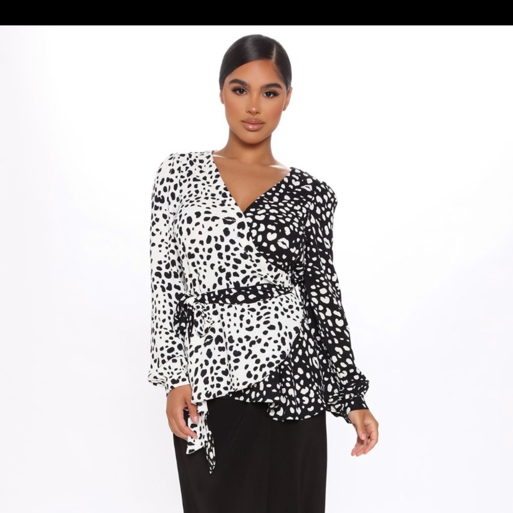 Black and white wrap blouse